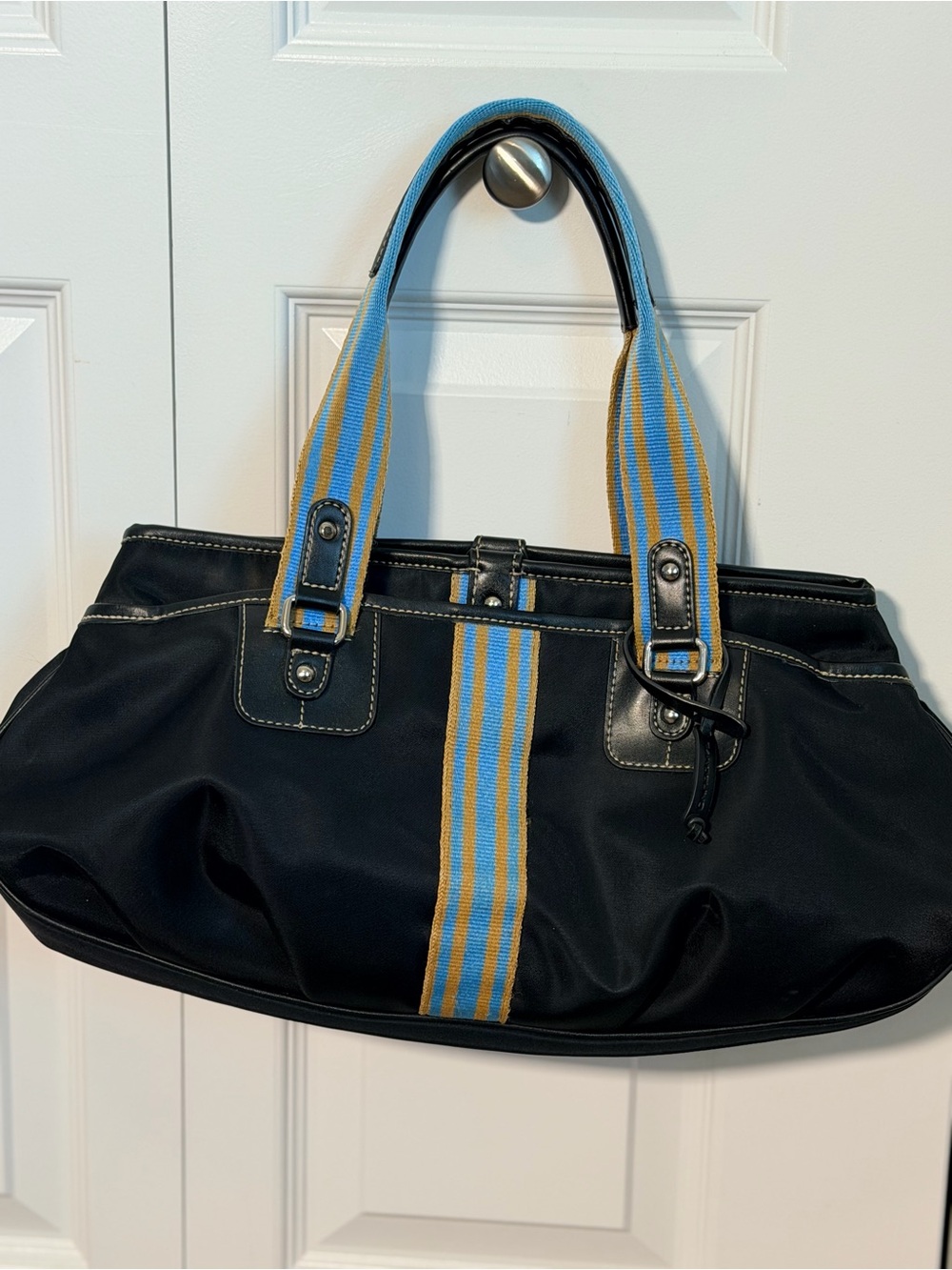 Y2K Black Tote Bag with Blue and Tan Stripe Handles